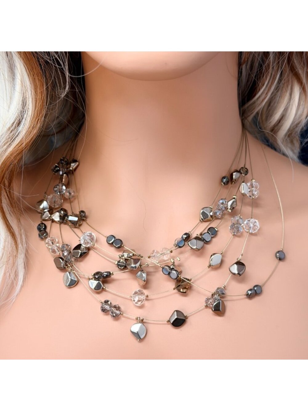 Vintage Chicos Silana Illusion Necklace Multi Strand Hematite Beads Y2K Jewelry